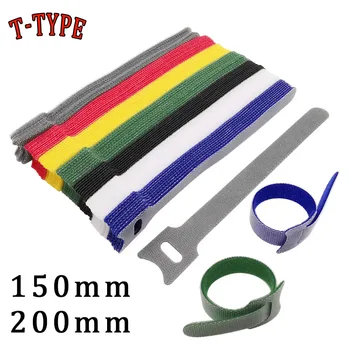 10-100 T-Típus Használható kötegelő Színes Nylon Hurok Wrap Zip Csomagban Kapcsolatokat Rögzítő Újrafelhasználható Vezeték Szervező Pántok 15/20CM