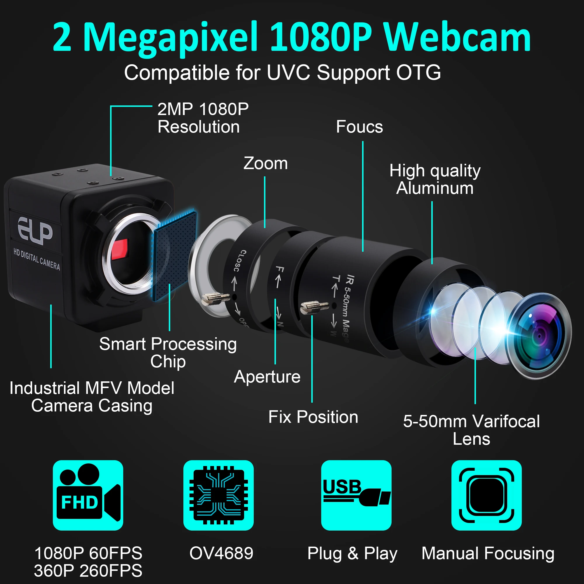 1080P Ipari Webkamera nagysebességű MJPEG 260fps/120fps/60fps OmniVision OV4689 CMOS Video USB Kamera, Varifokális Zoom CS Lencse2