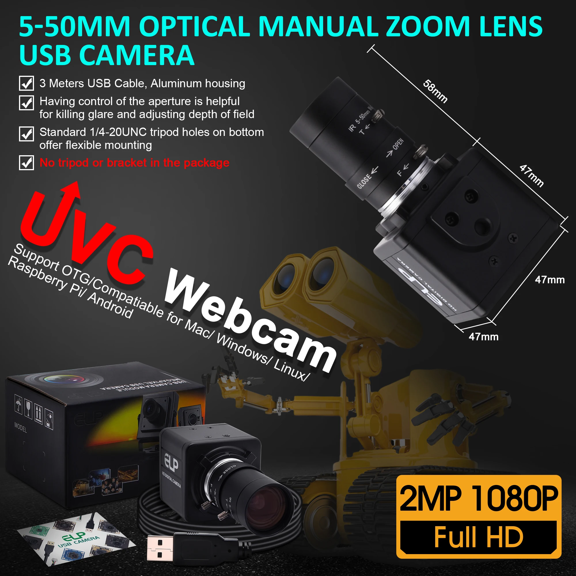 1080P Ipari Webkamera nagysebességű MJPEG 260fps/120fps/60fps OmniVision OV4689 CMOS Video USB Kamera, Varifokális Zoom CS Lencse4