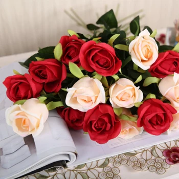 10db fehér, rózsaszín rózsa menyasszonyi csokor, virág dekoráció Mesterséges virágokat, otthoni dekoráció fehér rózsa művirágok