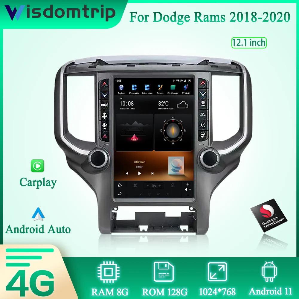 12.1 Hüvelyk Tesla Stílus Dodge Ram 2018-2020 Okos Multimédia Videó Lejátszó, Rádió 4G GPS Navigációs Android12 Carplay0