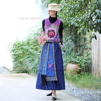 2023 traditonal etnikai harajuku virág hímzett szoknya kínai nemzeti nő, a-vonalú szoknya klasszikus női pamut vászon szoknya