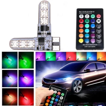 2x T10 Vízálló W5w 501 Autó Ék Oldalon Villanykörte-6SMD 5050 RGB 7 Színű LED Távirányító Vaku Ék Lámpa Izzó