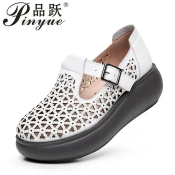 5cm tavaszi, nyári új bőr baotou szandál női platform cipő üreges ki szellőző lyukak alkalmi cipő édesanyja 33 43
