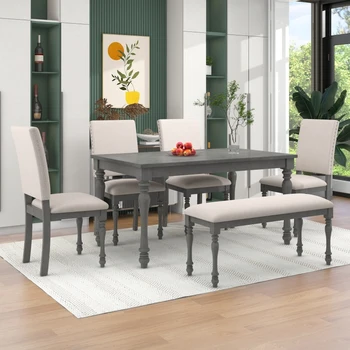 6 Darab Fa Étkező Asztal Meghatározott Téglalap alakú Asztal, Esztergált Lábak, 4 Kárpitozott Szék, Pad Étkező, Szürke