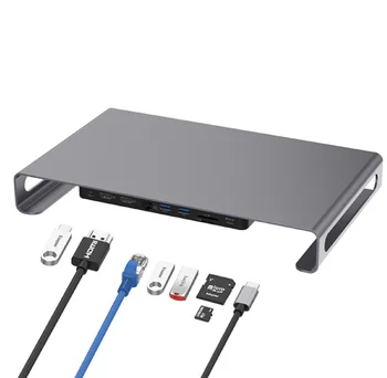 9 az 1-ben USB-C HUB Dokkoló Állomás, Alumínium Laptop Tartót 4K két HDMI USB3.1 PD LAN SD/TF Port Tablet Állvány MacBook HP Dell
