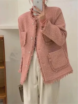 A Nők Koreai Elegáns Vintage Tweed Kabát Női Eleagnt Tavaszi Egysoros Zakó Rózsaszín Tassel Office Lady Ruhát Outwears