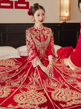 A Nők Vintage Flitterekkel Gyöngyfűzés Bojt Hímzés Esküvői Ruha A Kínai Stílusú Menyasszonyi Cheongsam Modern Qipao