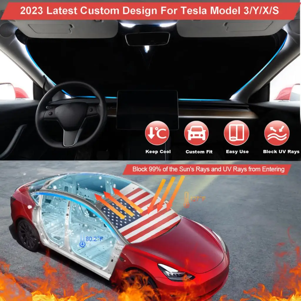 A Tesla Model Y 3 X S USA Zászló Autó Szélvédő Fényvédő Ablak Fedél Napellenző Nap Árnyékban Blokkok UV-Ray Védelem Napernyő Coche4