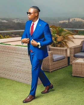 Afrikai Fashion Royal Kék Férfi Öltönyök Vőlegény Slim Fit Esküvői Szmoking Bál Terno Masculino Széles Csúcs Hajtóka Blézer （Kabát+Nadrág+Mellény