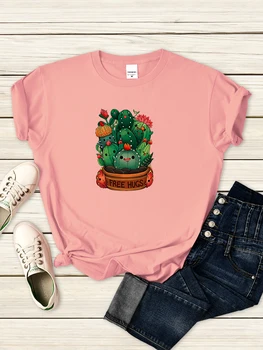 Aranyos Növény Kaktusz Ingyenes Ölelés Pólók Női Divat Harajuku Tshirts Utcai Hip-Hop Ruha Nyári Sleeve Puha Rövid Ujjú