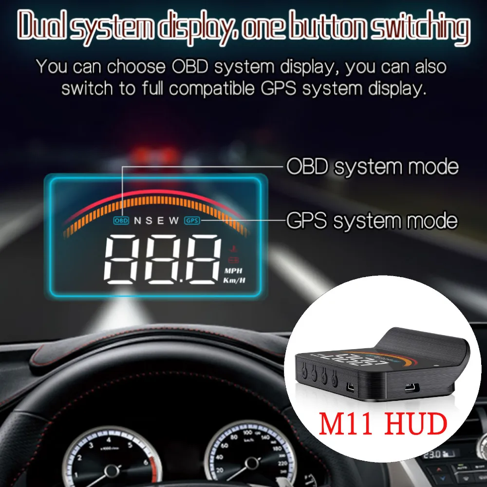 Autó GPS HUD, Head-Up Kijelző a fedélzeti diagnosztikai műszer M11 OBD2 + GPS Dual Rendszer Szélvédőre Kivetítő Át Sebesség Biztonsági Riasztó Sebességmérő Hőmérséklete0