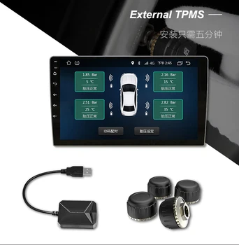 Autó TPMS USB-keréknyomás Ellenőrző safty Rendszer Android 9.0 Autós DVD-Lejátszó 4 Érzékelők Riasztó Gumiabroncs Hőmérséklet