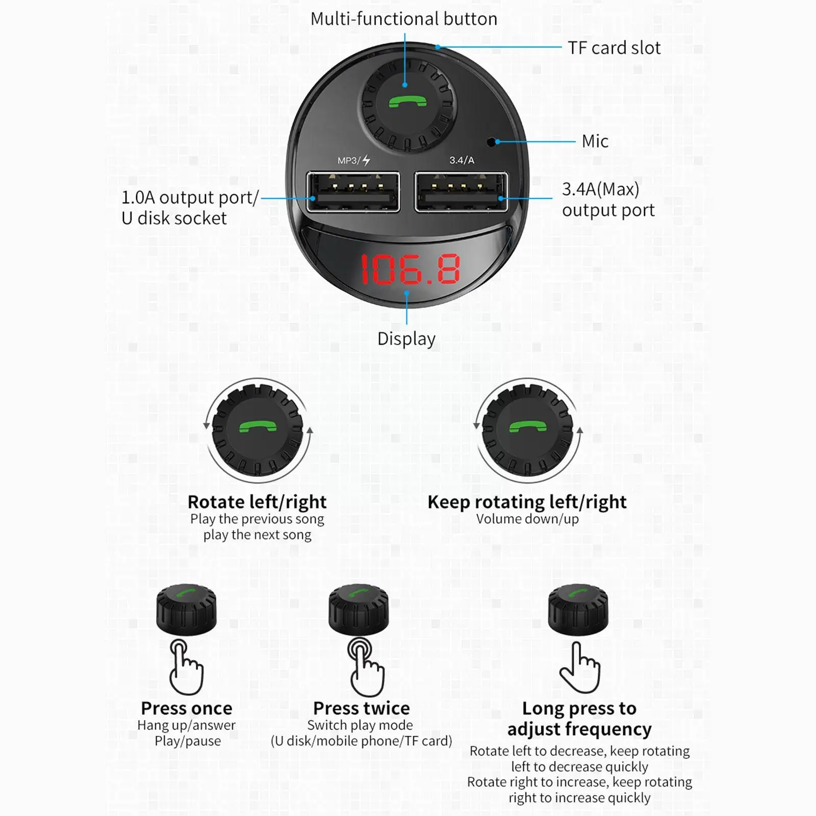 Autós Töltő Fm Transmitter Bluetooth Car Audio Mp3 Lejátszó Tf Kártya Autóskészlet 3.4 egy Dual Usb Autós Töltő Mi D4w02