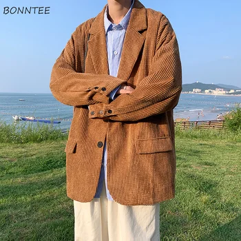 Az ősz Férfi Kord Blézer Vintage Laza egysoros Kabátok Japán Divat Minden mérkőzés Bevágott Maximum Hip-pop Streetwear Elegáns