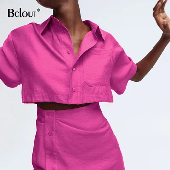 Bclout Üreges Ki Vékony Rózsaszín Póló Ruha Office Lady Nyári Kapcsolja Le A Gallér Egysoros Rövid Ujjú Mini Ruhák Nők 2021