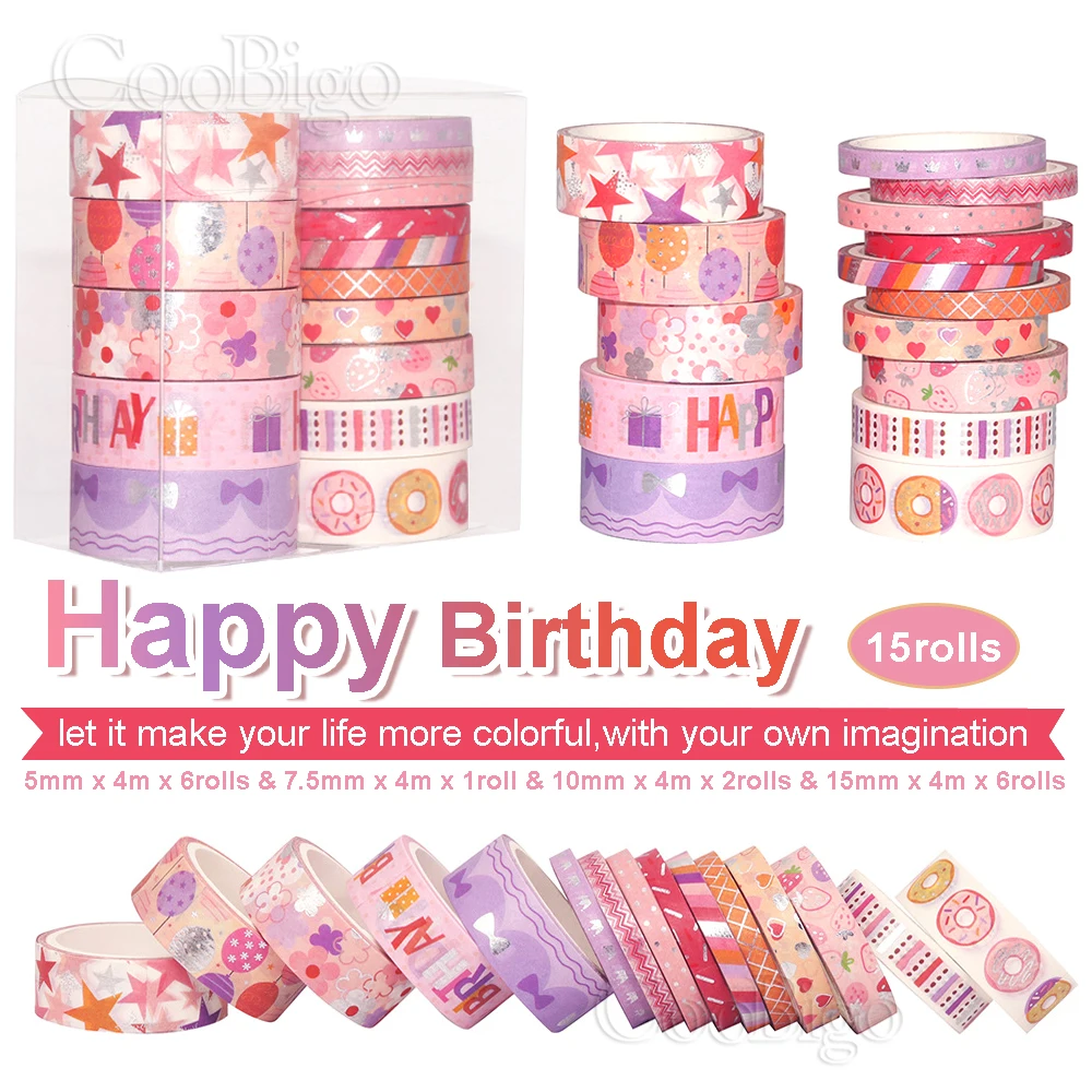 Boldog Születésnapot Matrica Aranyos Rózsaszín Washi Tape Set Matrica Címke Dekoráció Scrapbooking Gyerekek Iskolai Esztétikai Írószer 15Rolls/Sok1