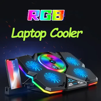 Coolcold Laptop Hűtő 5 Rajongók, 2 USB csatlakozó RGB Lámpa HD Kijelző Laptop Hűtő Pad Állítható Notebook Hűtő Állvány