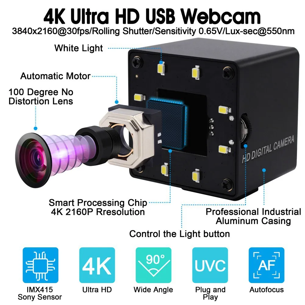 ELP éjjellátó Webkamera 4K Autofókusz Kamera 30fps Nem torzul Lencse Fehér LED CMOS IMX415 HD USB Videó Kamera2
