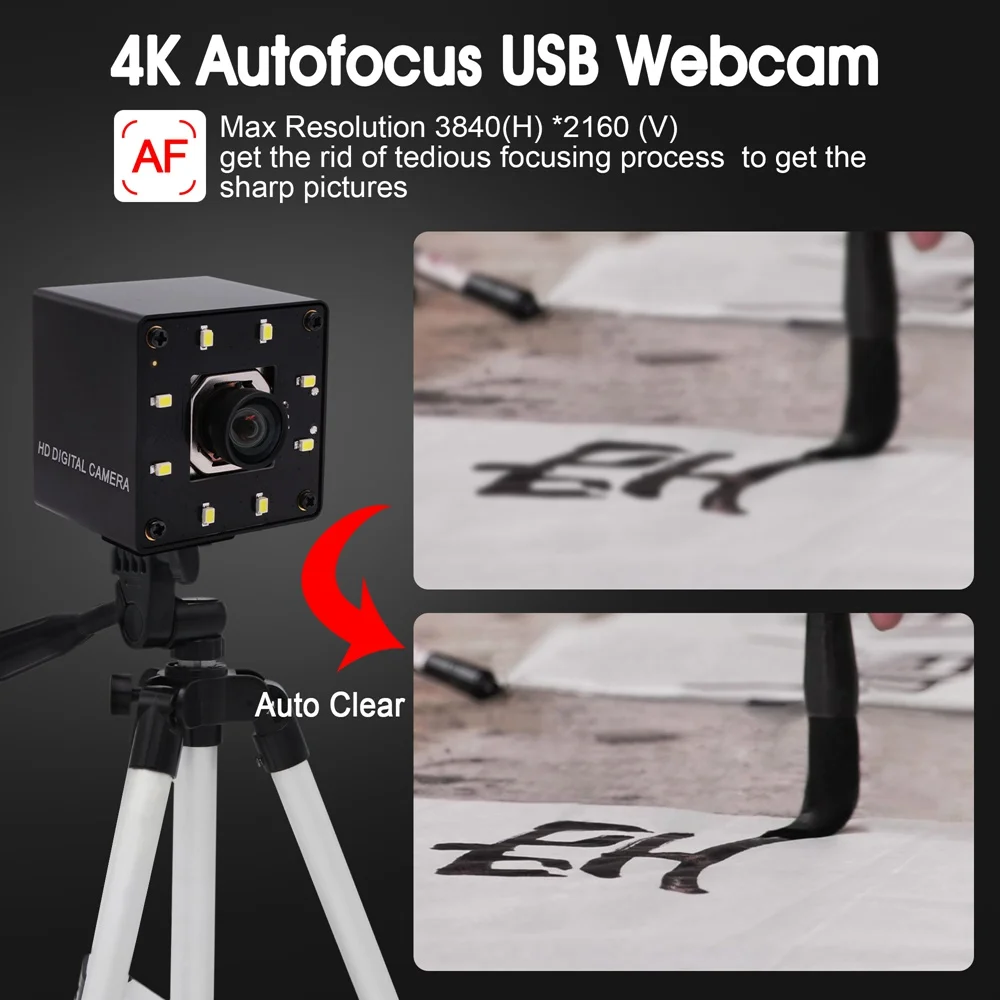 ELP éjjellátó Webkamera 4K Autofókusz Kamera 30fps Nem torzul Lencse Fehér LED CMOS IMX415 HD USB Videó Kamera4