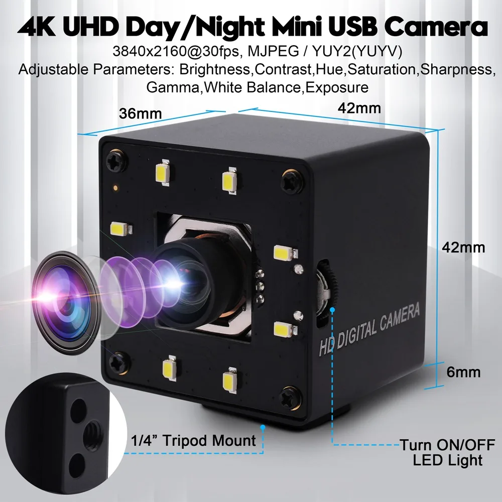 ELP éjjellátó Webkamera 4K Autofókusz Kamera 30fps Nem torzul Lencse Fehér LED CMOS IMX415 HD USB Videó Kamera5