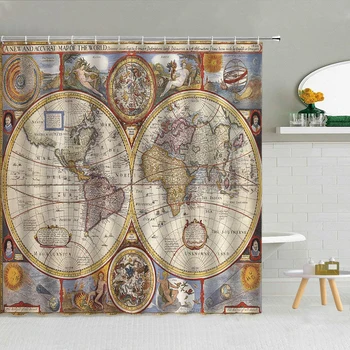 Európa Retro Kaland Világ Térkép Zuhanyzó Függöny Fürdőszoba Dekoráció Vízálló Poliészter Szövet Fürdőkádban Képernyőn Horgok