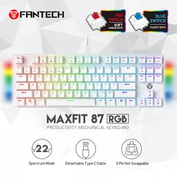 FANTECH MAXFIT87 RGB Mechanikus Billentyűzet Hot Swap 87 Kulcsok Játék Keyboaerd c-Típusú Vezetékes Levehető Kábel A Számítógép PC Laptop