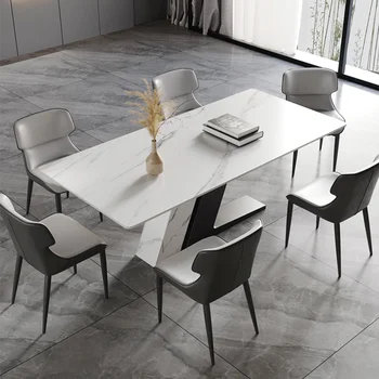 Fehér Étkező Asztal, Téglalap alakú, Szinterezett Kő Asztali Z-alakú Rozsdamentes Acél Alap, Fehér, Fekete Láb, 63