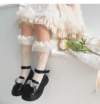 Fodros Lolita Gyerekek Lányok Sockings Alkalmi Háló Hollow-Ki Bowknot Patchwork Anti-Szúnyog Sovány Sockings