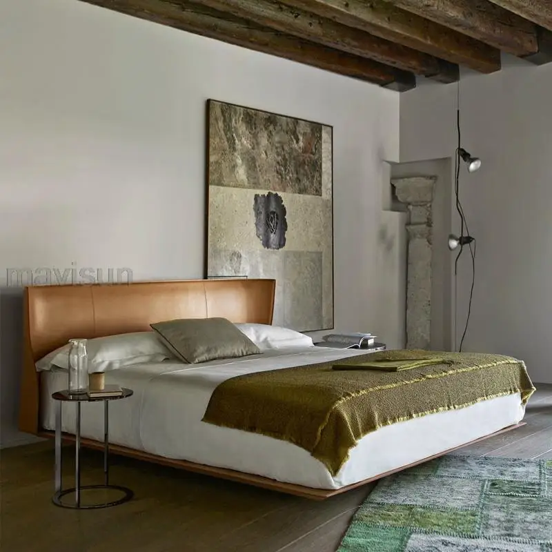 Fény Luxus Minimalista Puha Ágy Modern High-End Kis Lakásban Hálószoba Első Réteg Bőr Franciaágy Kombináció2