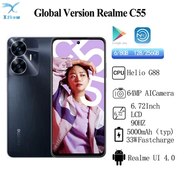 Globális Verzió Realme C55 Mobiltelefon MediaTek Helio G88 5000mAh 33W SUPERVOOC Felelős 64MP AI Kamera FHD+ 6.72