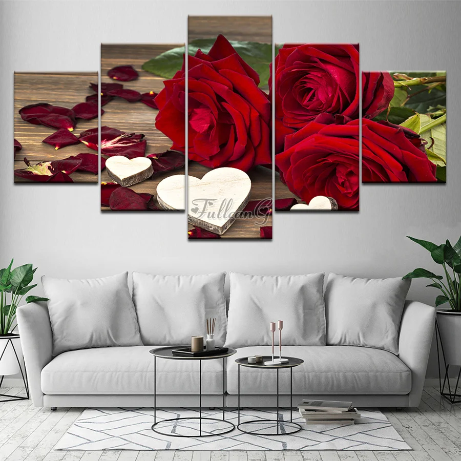 Gyönyörű Vörös Rózsa Gyémánt Festmény 5 darabos Készlet Szerelem Ikon Virág Diy Teljes Gyémánt Hímzett Virágos Mozaik Dekoráció AA41810