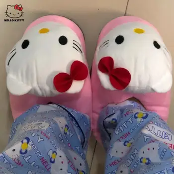 Hello Kitty Nagy Fej Plüss Papucs Téli Rajzfilm Sanrio Y2K Pamut Cipő Plüss Cipő Hallgató Kollégiumi Táska Méter Pamut Cipő