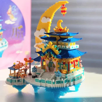 Játék a Gyermekek Moon Palace Felhő Pavilon Lámpás Templom 3D Modell DIY Gyémánt Blokk Tégla Épület Világ Építészet