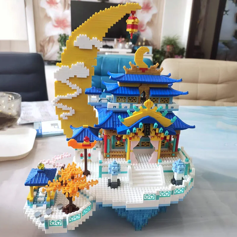 Játék a Gyermekek Moon Palace Felhő Pavilon Lámpás Templom 3D Modell DIY Gyémánt Blokk Tégla Épület Világ Építészet3