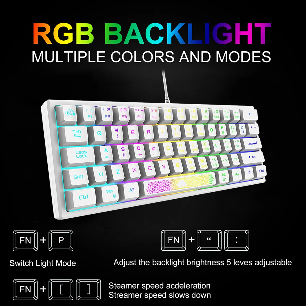 K61 60% RGB Háttérvilágítású, Vezetékes Billentyűzet 62 Kulcsok Ergonomikus PC Számítógép Billentyűzet RGB Gaming Billentyűzet3