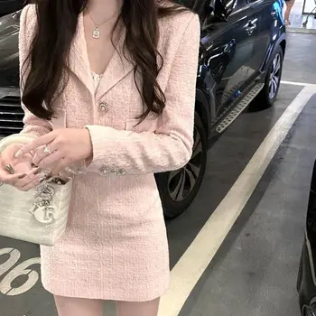 Koreai Bevágott Tweed Kabát Pink Blézer Mini Kockás Szoknya Két Darab Szett Női Outifits A 2023-As Őszi Téli Ruha Ruhák