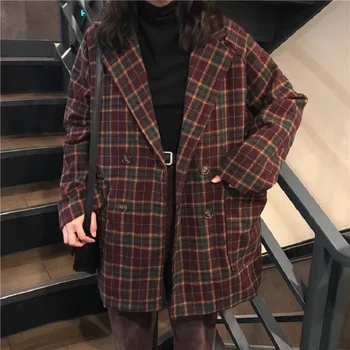 Koreai ulzzang laza kockás gyapjú kabát női őszi új modulokat Harajuku régi divat ruha gallér gombot alkalmi női kabát
