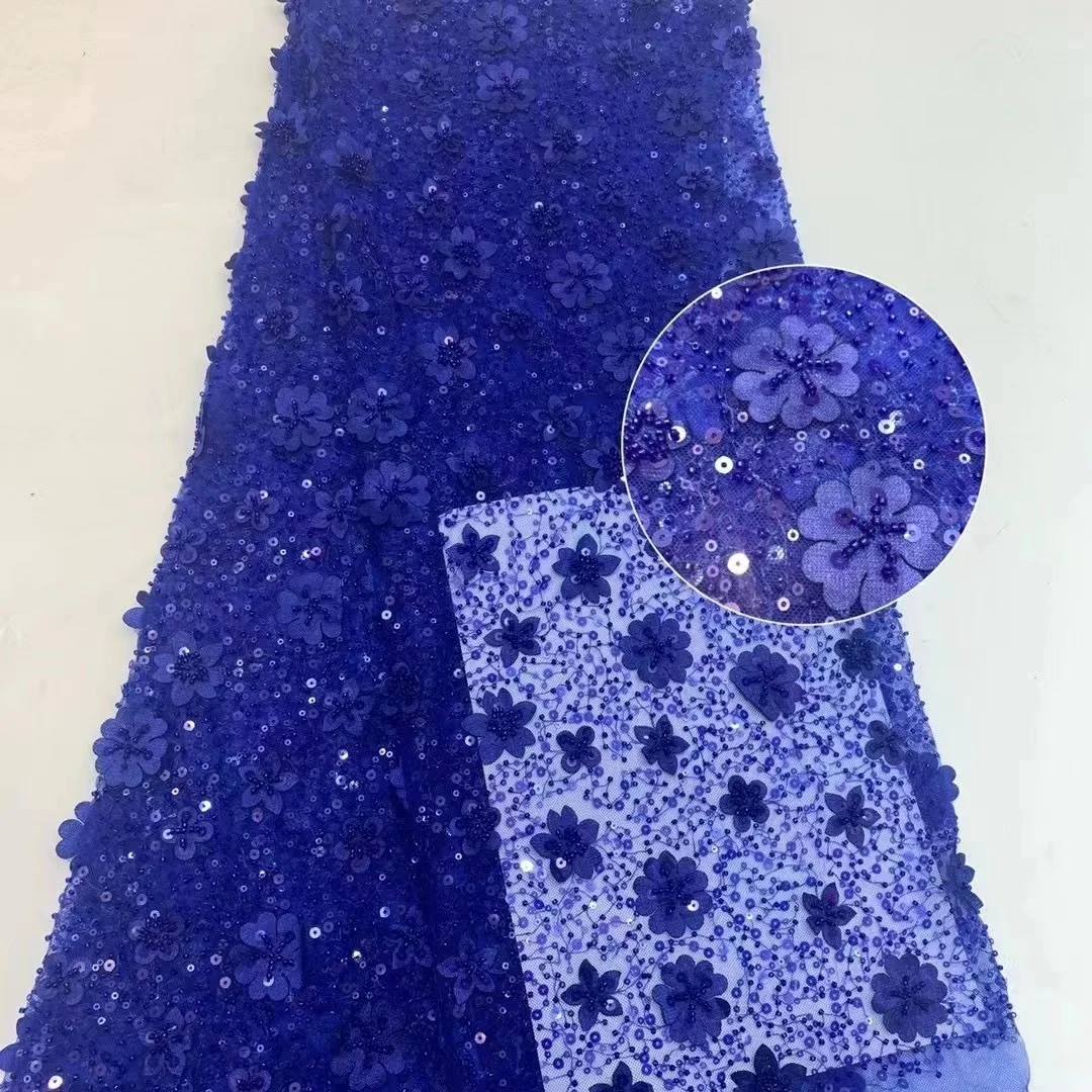 Kék Esküvői Csipke Anyagból 2022 Magas Minőségű hímzés francia tüll csipke Nigéria csipke anyag, Flitterekkel, Gyöngyökkel A Ruha1
