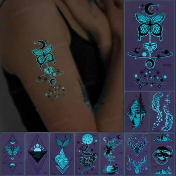 kék világító világító pillangó tetoválás matrica toll szarvas hold aranyos nők, gyerekek ideiglenes tetoválás vízálló matrica a karját, kezét,