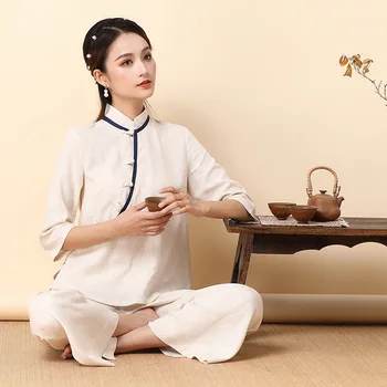 Kínai Stílusú Női Pamut Ágynemű Kung Fu Tang Ruha Vintage Fél Ujja Wushu Ruházat Tradirional Hölgyek Taichi Egységes