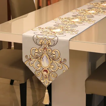 Luxus dombornyomott drágakő virág Európai klasszikus étkező asztal dekoráció asztali futó kék, arany, kávé szín