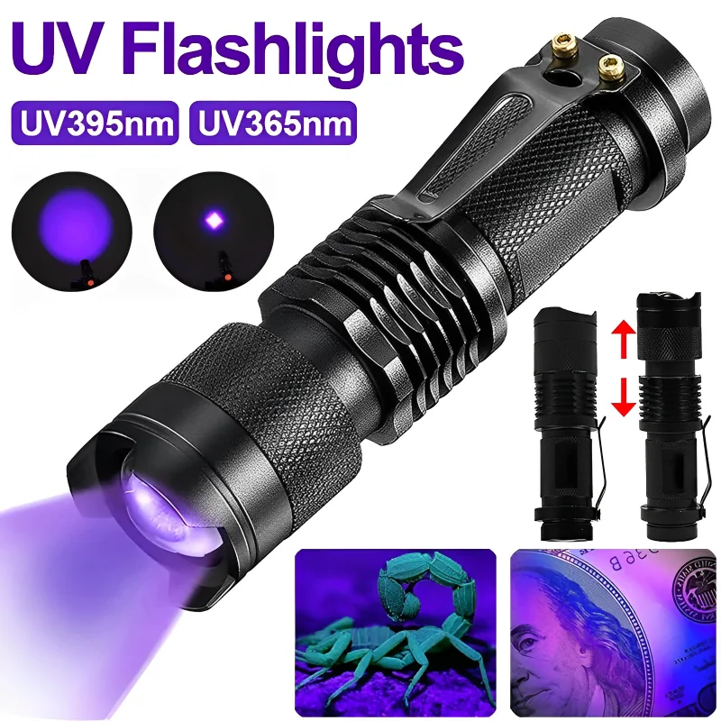 Mini UV LED-es Elemlámpa, Hordozható Ultraibolya Fekete Fény 395/365nm 3 Mód Nagyítható Fáklya Pet Vizelet Foltok Skorpió Érzékelő Lámpa0