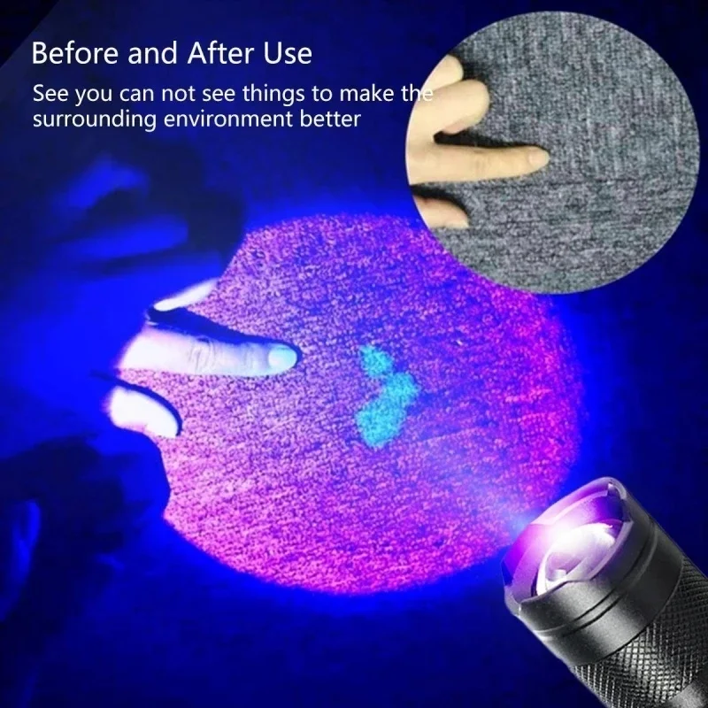 Mini UV LED-es Elemlámpa, Hordozható Ultraibolya Fekete Fény 395/365nm 3 Mód Nagyítható Fáklya Pet Vizelet Foltok Skorpió Érzékelő Lámpa1