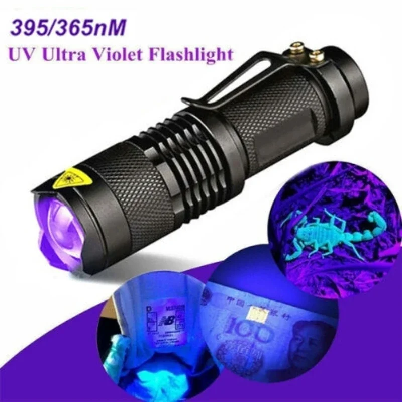 Mini UV LED-es Elemlámpa, Hordozható Ultraibolya Fekete Fény 395/365nm 3 Mód Nagyítható Fáklya Pet Vizelet Foltok Skorpió Érzékelő Lámpa2