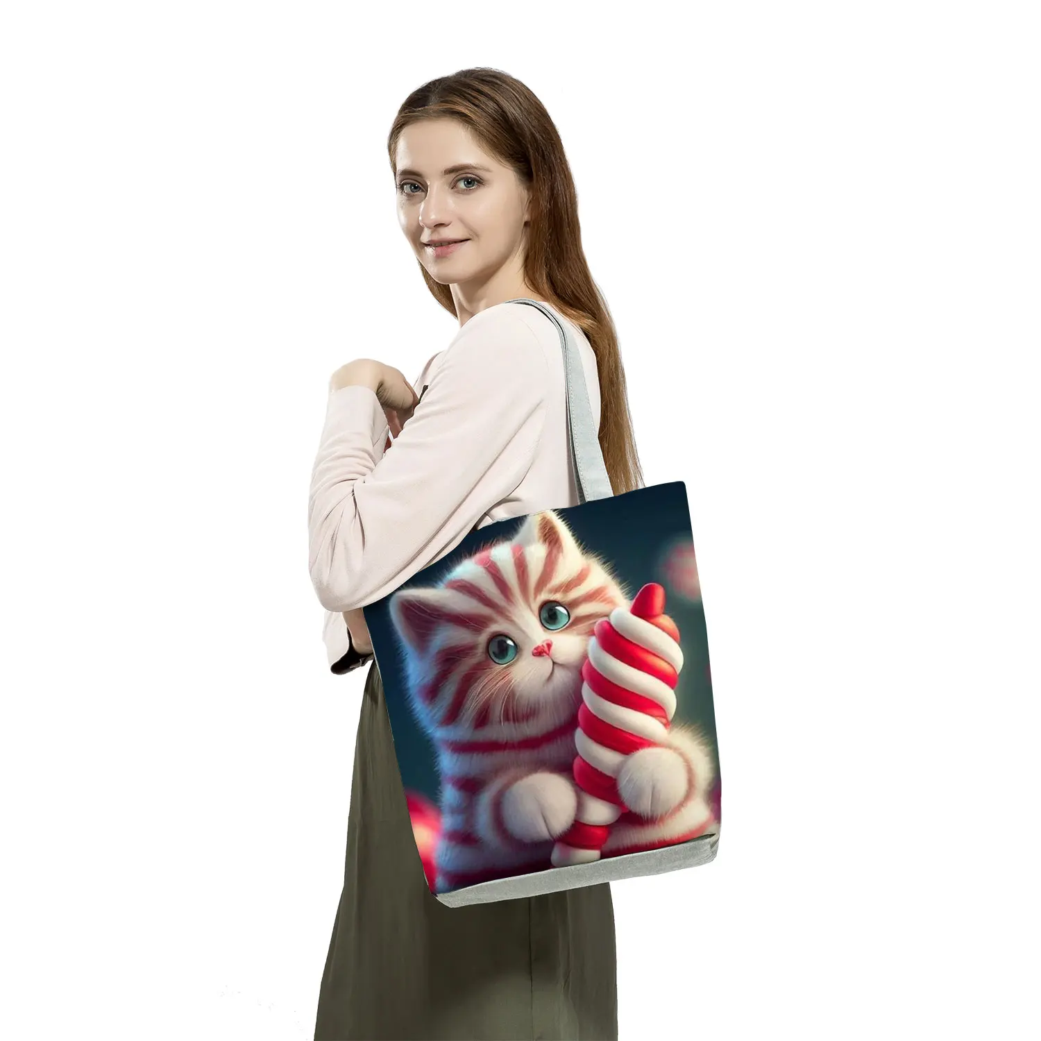 Nagy Kapacitású Nők Strand Tote Bags Aranyos Állat Grafikus Eco Újrafelhasználható Táska Divat Rajzfilm Édes Macska Nyomtatott Táskák2