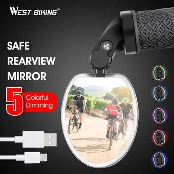 NYUGAT-KERÉKPÁROZÁS Kerékpár Visszapillantó Tükör LED USB Újratölthető Kormány Tükör 360 Forgatás, Állítható Visszapillantó Tükör
