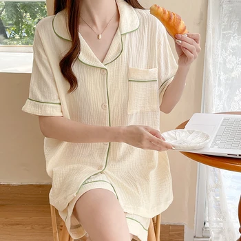 Nyári Japán Stílusú Pamut Géz Édes Kimonó Pizsama V-Nyakú Aranyos Rajzfilm Nyomtatási Laza Loungewear Nők 2 Darab Hálóruházat