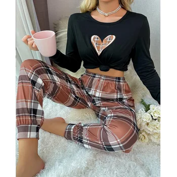 Női Pizsama Szett Kockás Pizsama Szív Nyomtatása Pijamas Női Haza Ruhát Hálóruházat pizsama, Hosszú Ujjú Felső Nadrág Homewer Loungewear