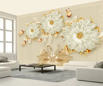 papírt de parede Európai Stílusú Luxus Ékszerek, Virágok Hattyú Freskó Tapéta a nappaliban TV, Kanapé Háttér falburkolat Dekoráció